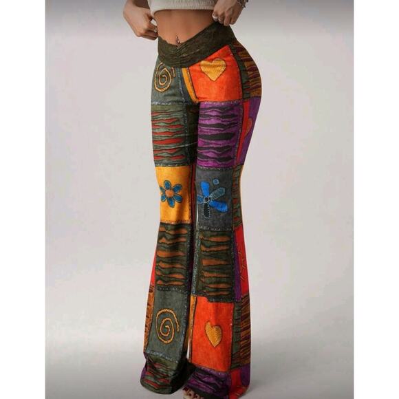 NWT Medium Patchwork Print Pants Lace Waist Stretch Flares - Picture 7 of 7